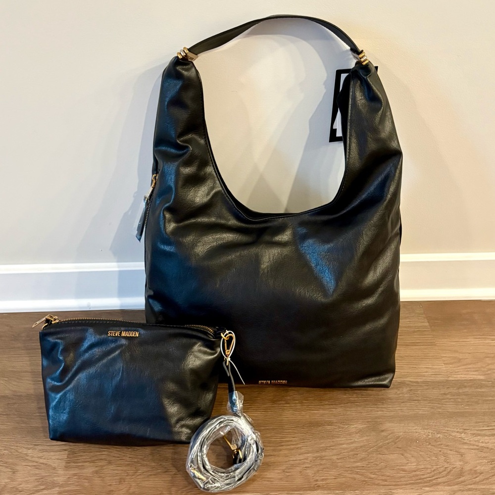 NWT VIRAL STEVE MADDEN BLACK FAUX LEATHER HOBO BAG AND POUCH